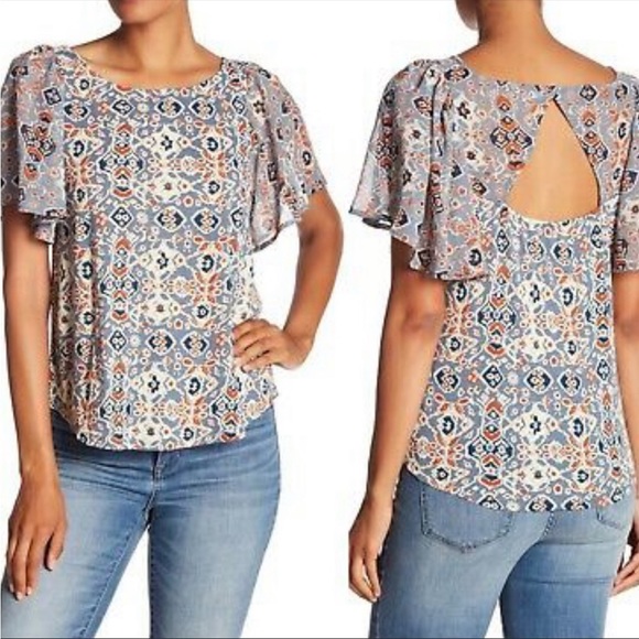 Lucky Brand Tops - 🌺 Lucky Brand Boho Mosaic Print Flutter Sleeve Cutout Top Medium